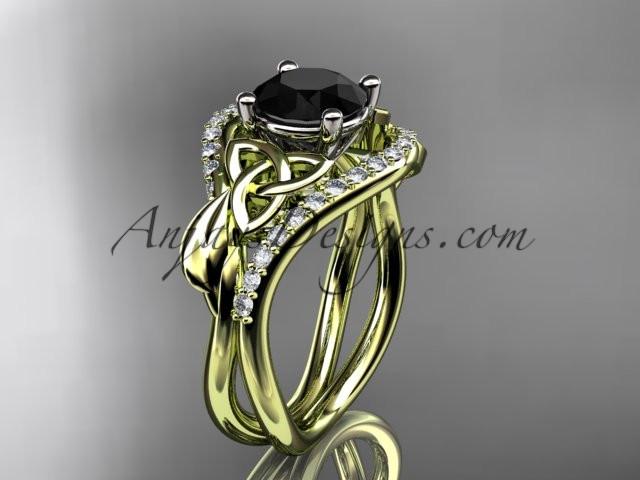 14kt yellow gold diamond celtic trinity knot wedding ring, engagement ring with a Black Diamond center stone CT7244 - AnjaysDesigns