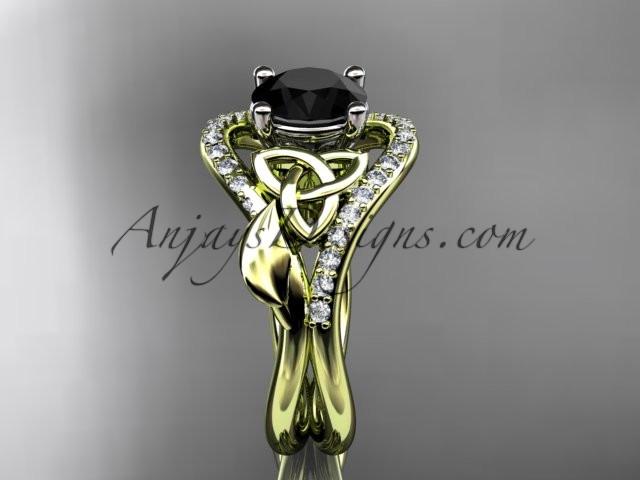 14kt yellow gold diamond celtic trinity knot wedding ring, engagement ring with a Black Diamond center stone CT7244 - AnjaysDesigns