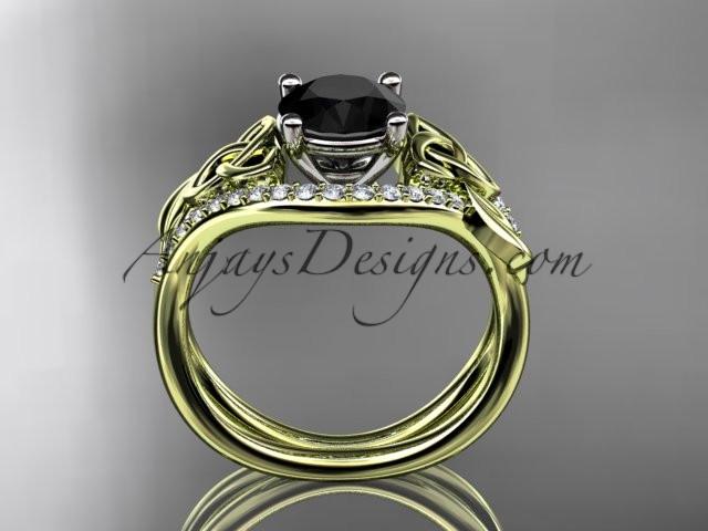 14kt yellow gold diamond celtic trinity knot wedding ring, engagement ring with a Black Diamond center stone CT7244 - AnjaysDesigns