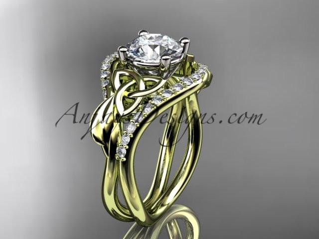14kt yellow gold diamond celtic trinity knot wedding ring, engagement ring with a "Forever One" Moissanite center stone CT7244 - AnjaysDesigns