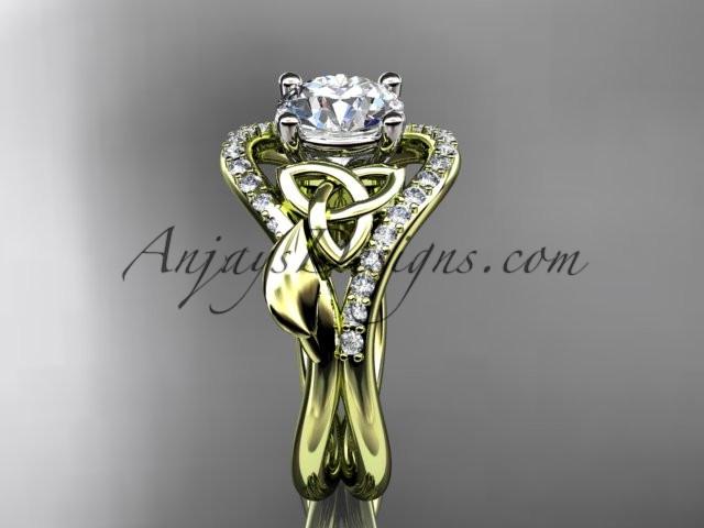 14kt yellow gold diamond celtic trinity knot wedding ring, engagement ring with a "Forever One" Moissanite center stone CT7244 - AnjaysDesigns