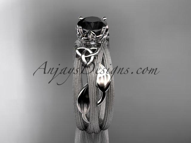 14kt white gold diamond celtic trinity knot wedding ring, engagement ring with a Black Diamond center stone CT7253 - AnjaysDesigns