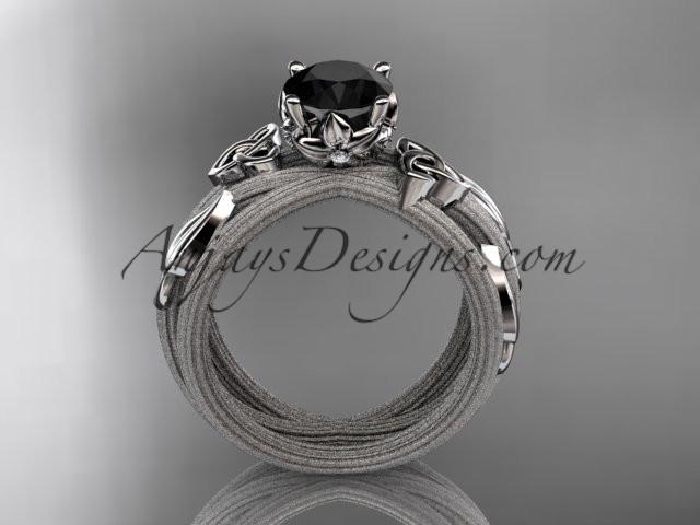 14kt white gold diamond celtic trinity knot wedding ring, engagement ring with a Black Diamond center stone CT7253 - AnjaysDesigns