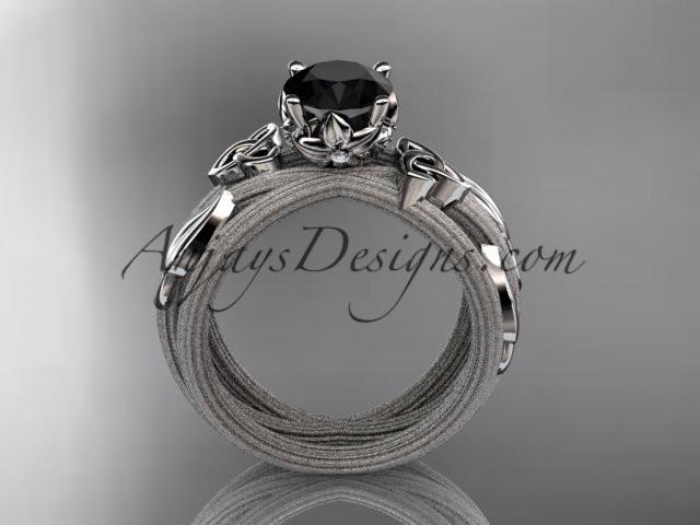 platinum diamond celtic trinity knot wedding ring, engagement ring with a Black Diamond center stone CT7253 - AnjaysDesigns