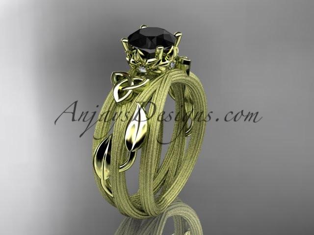 14kt yellow gold diamond celtic trinity knot wedding ring, engagement ring with a Black Diamond center stone CT7253 - AnjaysDesigns