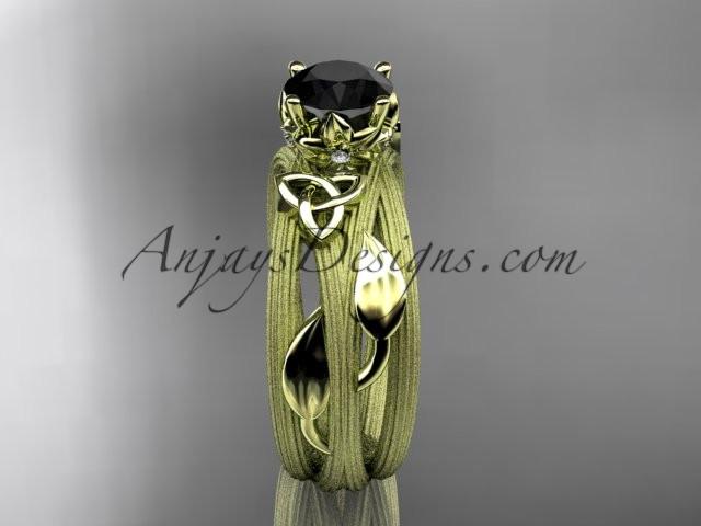 14kt yellow gold diamond celtic trinity knot wedding ring, engagement ring with a Black Diamond center stone CT7253 - AnjaysDesigns
