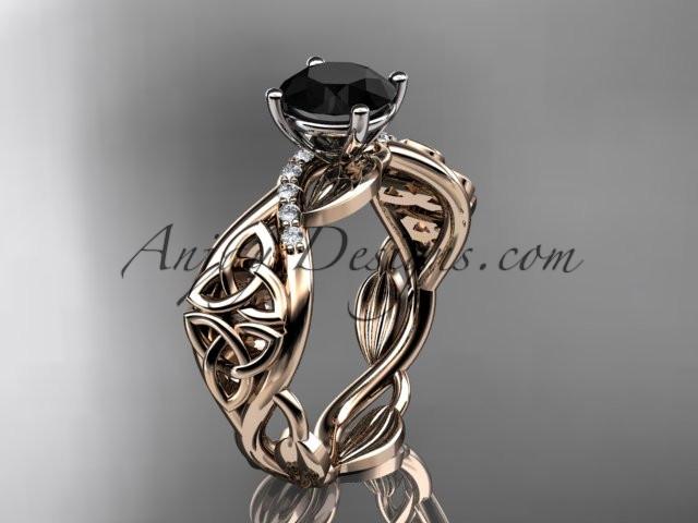 14kt rose gold diamond celtic trinity knot wedding ring, engagement ring with a Black Diamond center stone CT7270 - AnjaysDesigns