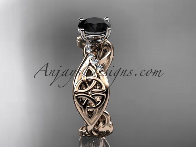 14kt rose gold diamond celtic trinity knot wedding ring, engagement ring with a Black Diamond center stone CT7270 - AnjaysDesigns