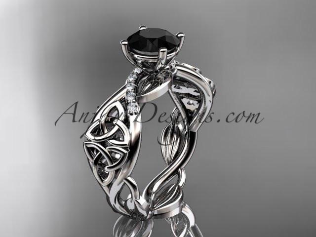platinum diamond celtic trinity knot wedding ring, engagement ring with a Black Diamond center stone CT7270 - AnjaysDesigns