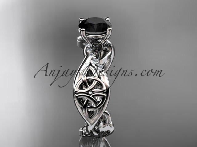 14kt white gold diamond celtic trinity knot wedding ring, engagement ring with a Black Diamond center stone CT7270 - AnjaysDesigns