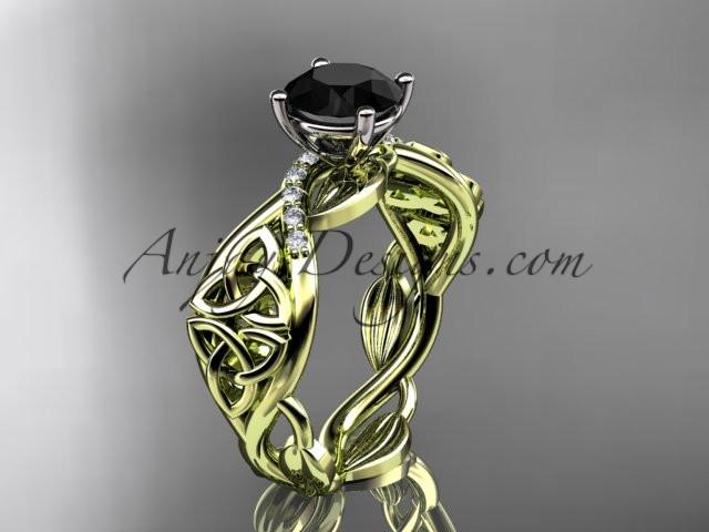 14kt yellow gold diamond celtic trinity knot wedding ring, engagement ring with a Black Diamond center stone CT7270 - AnjaysDesigns