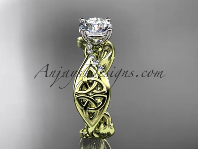 14kt yellow gold diamond celtic trinity knot wedding ring, engagement ring with a "Forever One" Moissanite center stone CT7270 - AnjaysDesigns