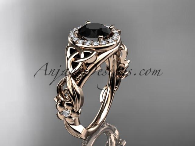 14kt rose gold diamond celtic trinity knot wedding ring, engagement ring with a Black Diamond center stone CT7300 - AnjaysDesigns