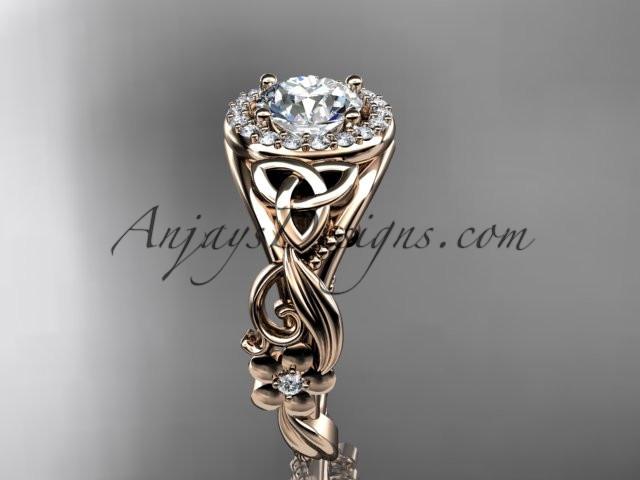 14kt rose gold diamond celtic trinity knot wedding ring, engagement ring with a "Forever One" Moissanite center stone CT7300 - AnjaysDesigns