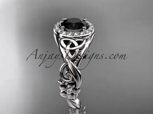 14kt white gold diamond celtic trinity knot wedding ring, engagement ring with a Black Diamond center stone CT7300 - AnjaysDesigns