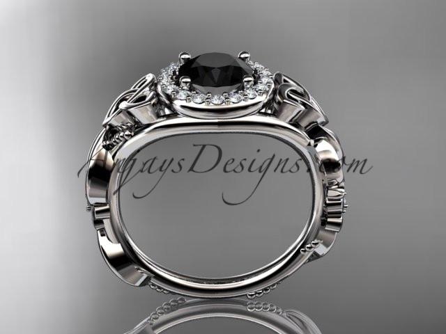 platinum diamond celtic trinity knot wedding ring, engagement ring with a Black Diamond center stone CT7300 - AnjaysDesigns