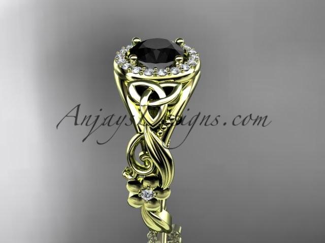 14kt yellow gold diamond celtic trinity knot wedding ring, engagement ring with a Black Diamond center stone CT7300 - AnjaysDesigns