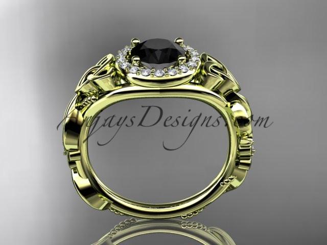 14kt yellow gold diamond celtic trinity knot wedding ring, engagement ring with a Black Diamond center stone CT7300 - AnjaysDesigns