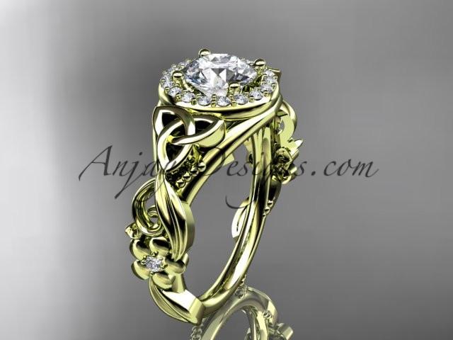 14kt yellow gold diamond celtic trinity knot wedding ring, engagement ring with a "Forever One" Moissanite center stone CT7300 - AnjaysDesigns