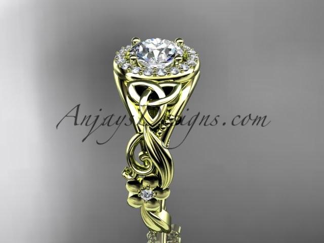 14kt yellow gold diamond celtic trinity knot wedding ring, engagement ring with a "Forever One" Moissanite center stone CT7300 - AnjaysDesigns
