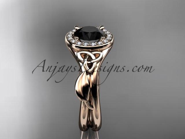 14kt rose gold diamond celtic trinity knot wedding ring, engagement ring with a Black Diamond center stone CT7314 - AnjaysDesigns