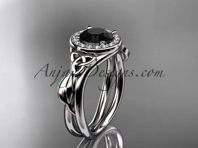 14kt white gold diamond celtic trinity knot wedding ring, engagement ring with a Black Diamond center stone CT7314 - AnjaysDesigns