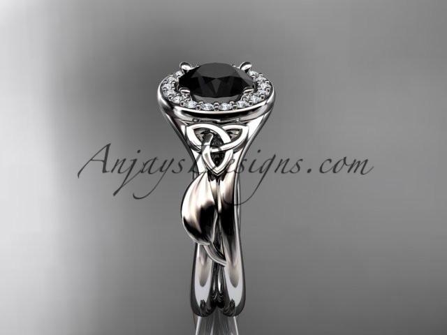 14kt white gold diamond celtic trinity knot wedding ring, engagement ring with a Black Diamond center stone CT7314 - AnjaysDesigns