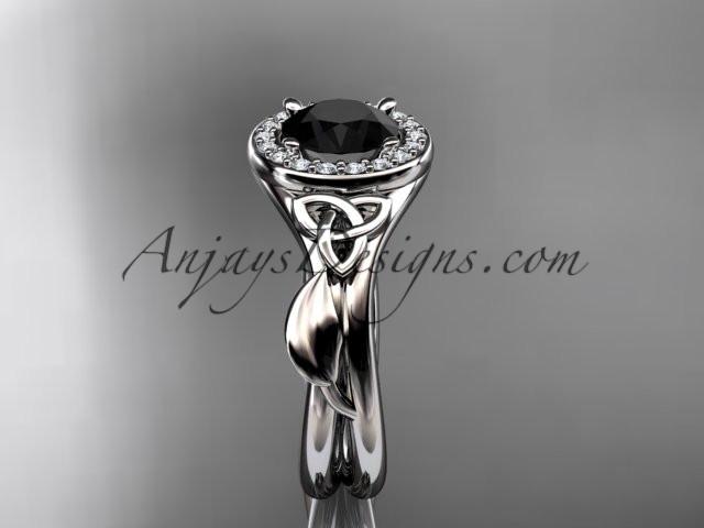 platinum diamond celtic trinity knot wedding ring, engagement ring with a Black Diamond center stone CT7314 - AnjaysDesigns