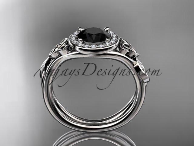 14kt white gold diamond celtic trinity knot wedding ring, engagement ring with a Black Diamond center stone CT7314 - AnjaysDesigns