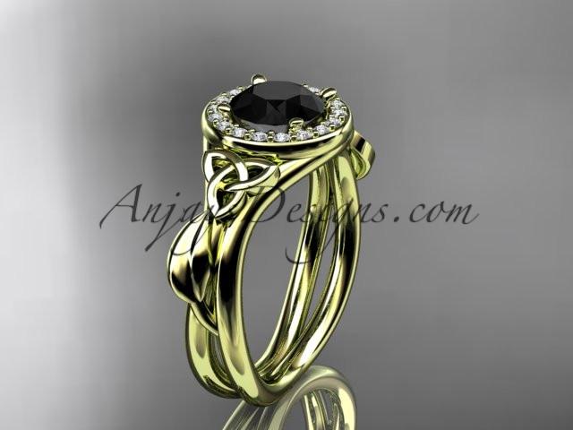14kt yellow gold diamond celtic trinity knot wedding ring, engagement ring with a Black Diamond center stone CT7314 - AnjaysDesigns
