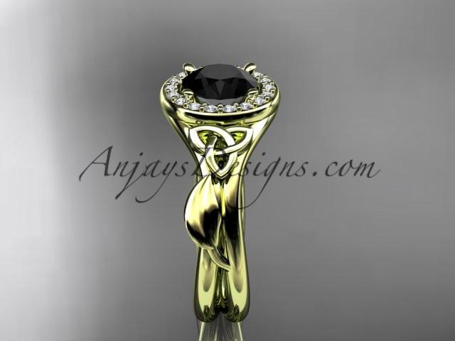 14kt yellow gold diamond celtic trinity knot wedding ring, engagement ring with a Black Diamond center stone CT7314 - AnjaysDesigns