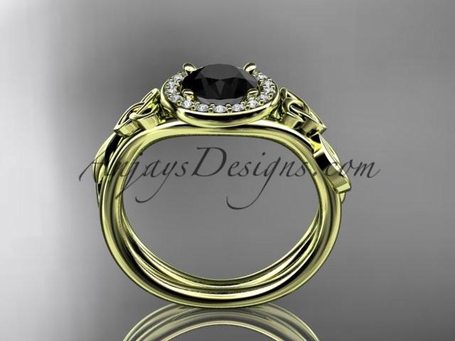 14kt yellow gold diamond celtic trinity knot wedding ring, engagement ring with a Black Diamond center stone CT7314 - AnjaysDesigns