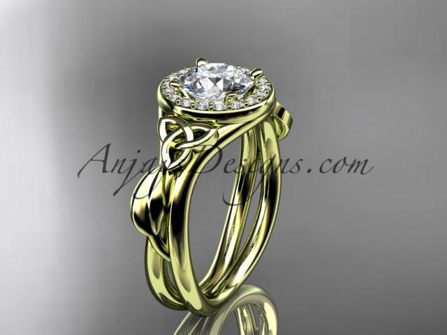 14kt yellow gold diamond celtic trinity knot wedding ring, engagement ring with a "Forever One" Moissanite center stone CT7314 - AnjaysDesigns