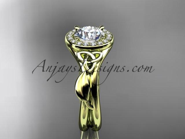 14kt yellow gold diamond celtic trinity knot wedding ring, engagement ring with a "Forever One" Moissanite center stone CT7314 - AnjaysDesigns