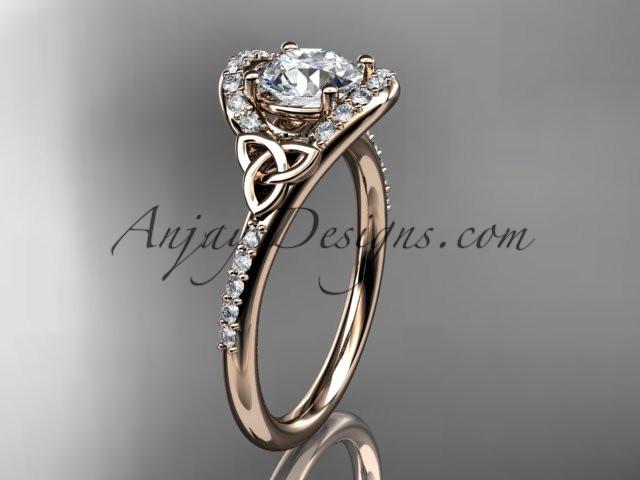 14kt rose gold diamond celtic trinity knot wedding ring, engagement ring with a "Forever One" Moissanite center stone CT7317 - AnjaysDesigns