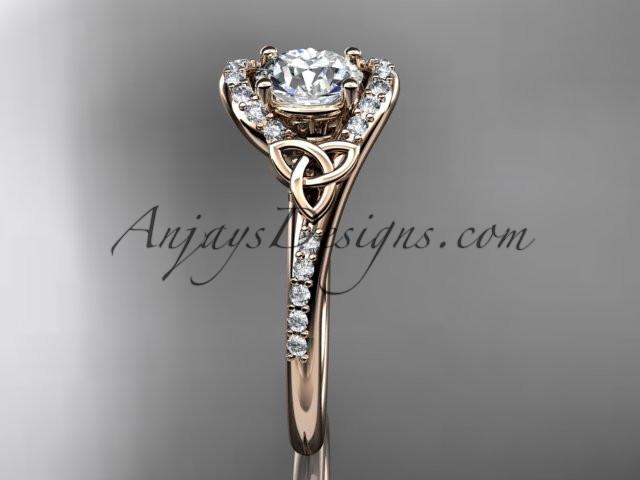 14kt rose gold diamond celtic trinity knot wedding ring, engagement ring with a "Forever One" Moissanite center stone CT7317 - AnjaysDesigns