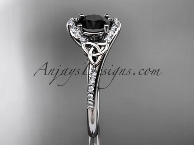 platinum diamond celtic trinity knot wedding ring, engagement ring with a Black Diamond center stone CT7317 - AnjaysDesigns