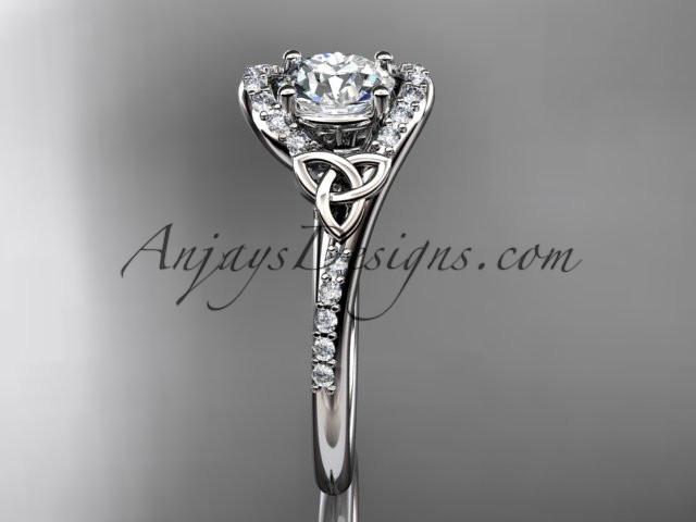 14kt white gold diamond celtic trinity knot wedding ring, engagement ring with a "Forever One" Moissanite center stone CT7317 - AnjaysDesigns