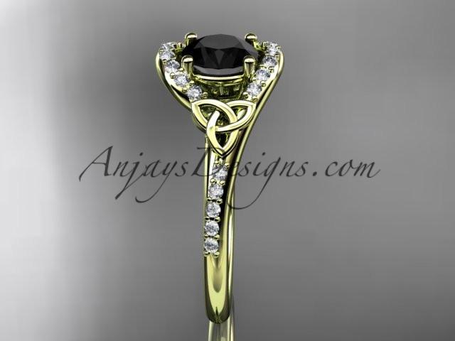 14kt yellow gold diamond celtic trinity knot wedding ring, engagement ring with a Black Diamond center stone CT7317 - AnjaysDesigns
