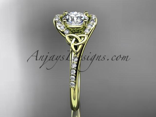 14kt yellow gold diamond celtic trinity knot wedding ring, engagement ring with a "Forever One" Moissanite center stone CT7317 - AnjaysDesigns