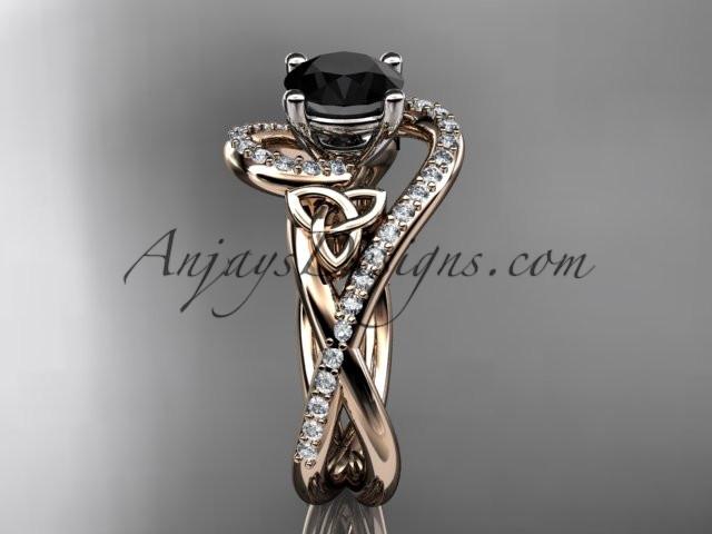 14kt rose gold diamond celtic trinity knot wedding ring, engagement ring with a Black Diamond center stone CT7320 - AnjaysDesigns