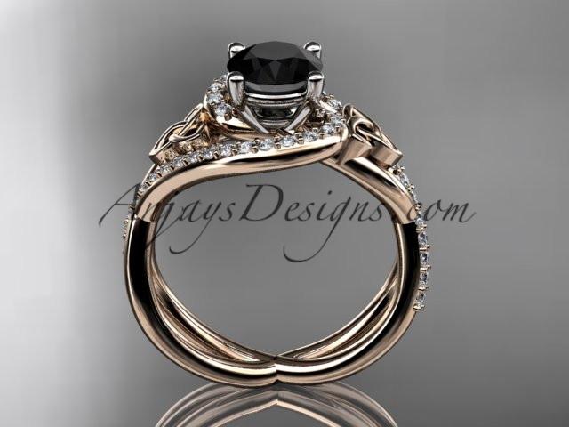 14kt rose gold diamond celtic trinity knot wedding ring, engagement ring with a Black Diamond center stone CT7320 - AnjaysDesigns