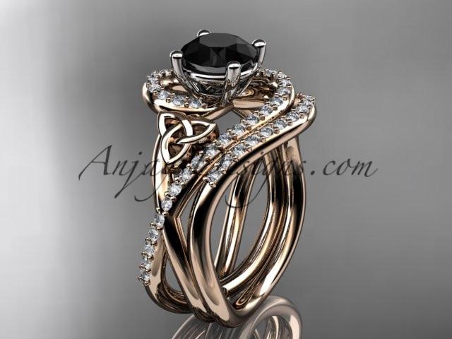 14kt rose gold diamond celtic trinity knot wedding ring, engagement set with a Black Diamond center stone CT7320S - AnjaysDesigns