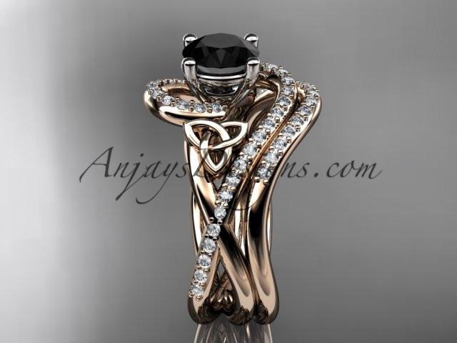 14kt rose gold diamond celtic trinity knot wedding ring, engagement set with a Black Diamond center stone CT7320S - AnjaysDesigns