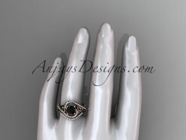 14kt rose gold diamond celtic trinity knot wedding ring, engagement set with a Black Diamond center stone CT7320S - AnjaysDesigns