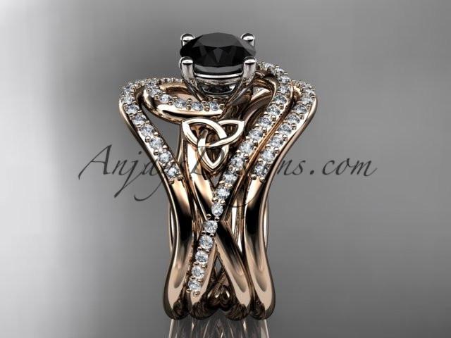 14kt rose gold diamond celtic trinity knot wedding ring, engagement ring with a Black Diamond center stone and double matching band CT7320S - AnjaysDesigns