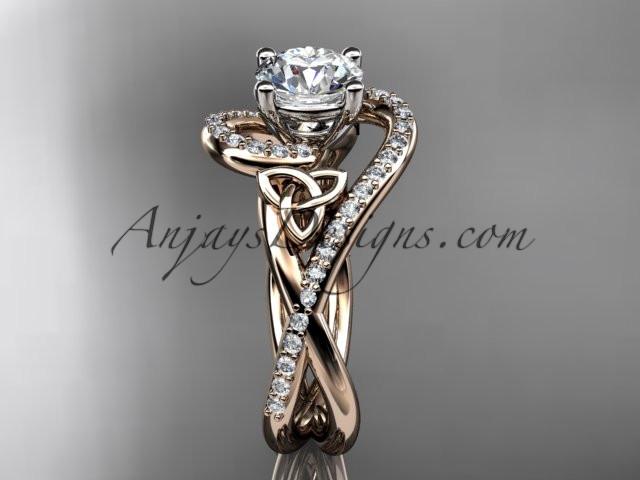 14kt rose gold diamond celtic trinity knot wedding ring, engagement ring with a "Forever One" Moissanite center stone CT7320 - AnjaysDesigns