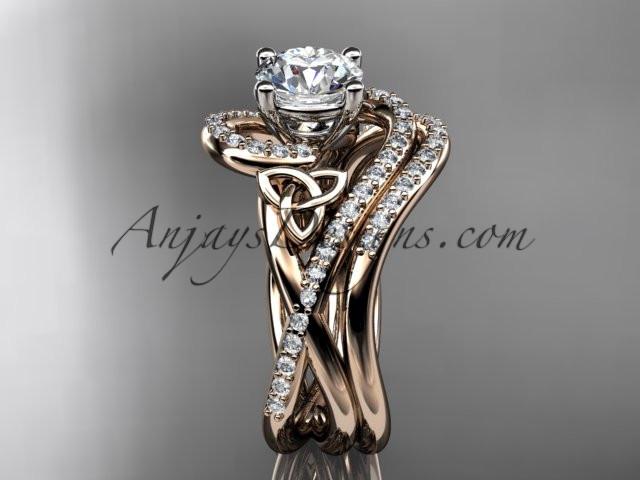 14kt rose gold diamond celtic trinity knot wedding ring, engagement set with a "Forever One" Moissanite center stone CT7320S - AnjaysDesigns