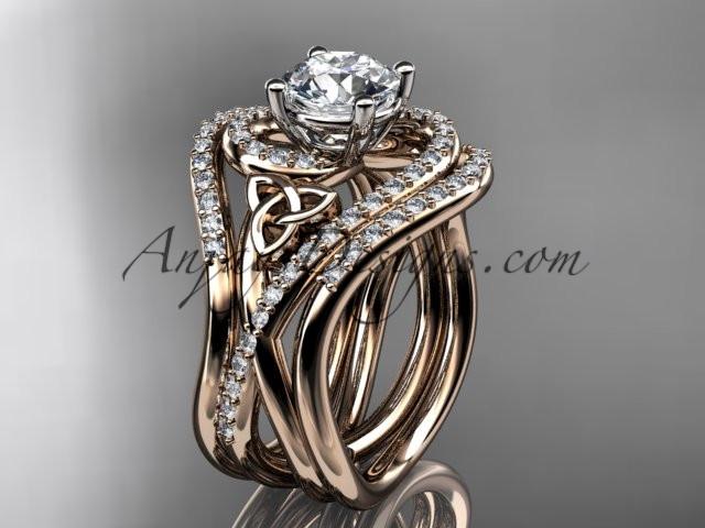 14kt rose gold diamond celtic trinity knot wedding ring, engagement ring with a "Forever One" Moissanite center stone and double matching band CT7320S - AnjaysDesigns