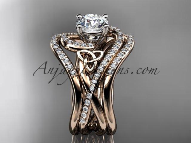 14kt rose gold diamond celtic trinity knot wedding ring, engagement ring with double matching band CT7320S - AnjaysDesigns